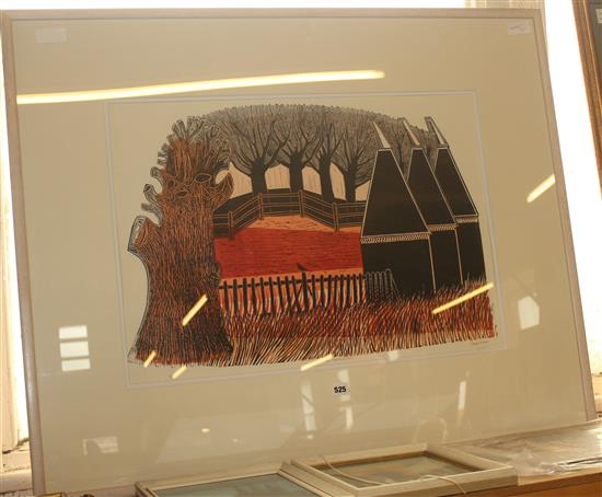 Framed Robert Tavener landscape, oast houses in woodland